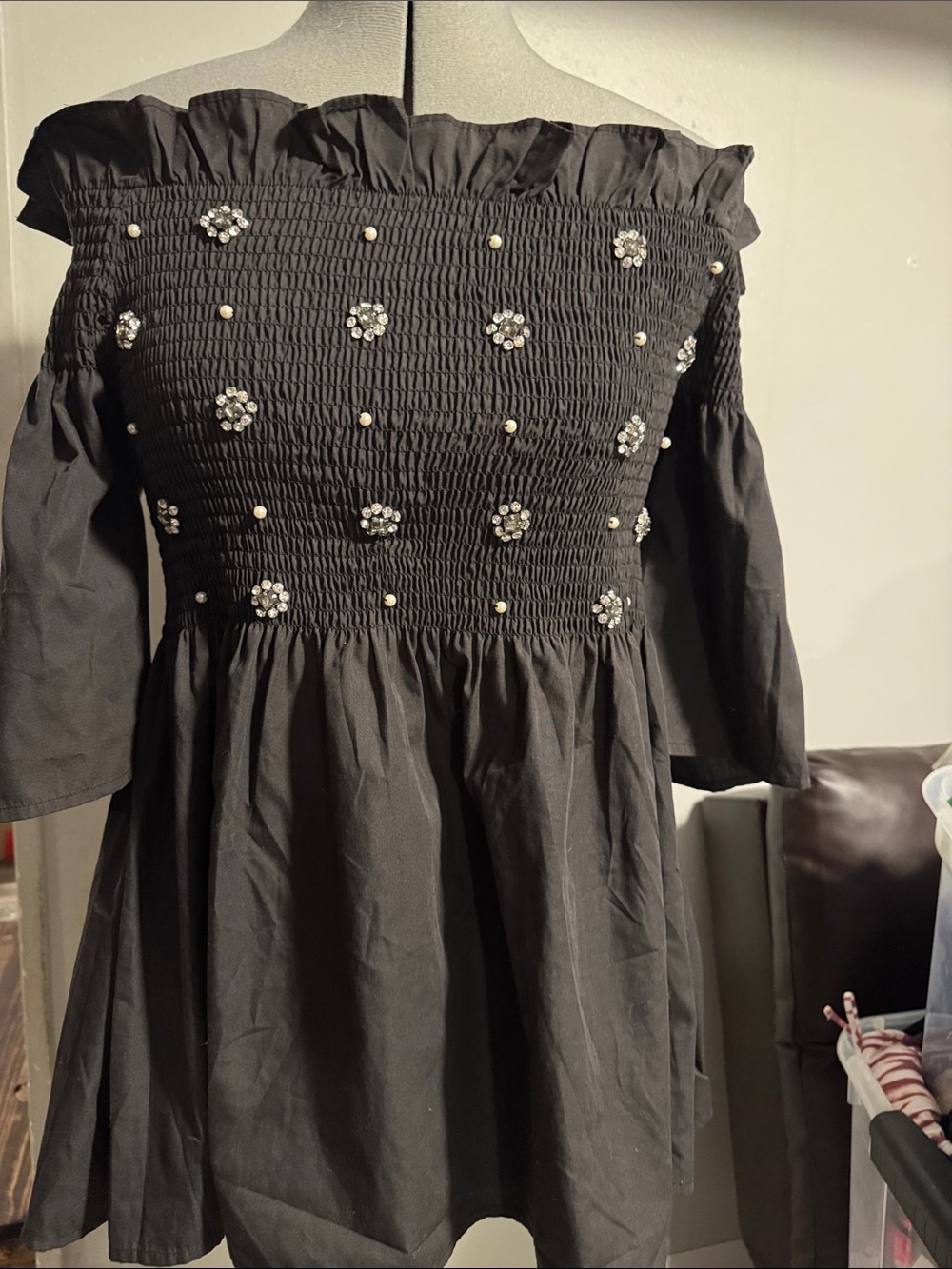 Off-Shoulder Black Smocked Top with Embellished Pearls